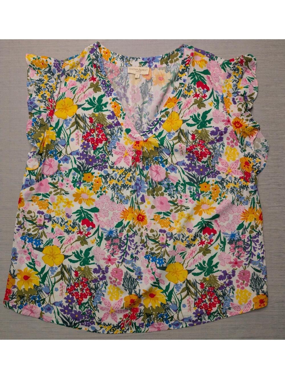 Cynthia Rowley Top Womens 1X White / Floral V-Neck Flutter Sleeve Blouse